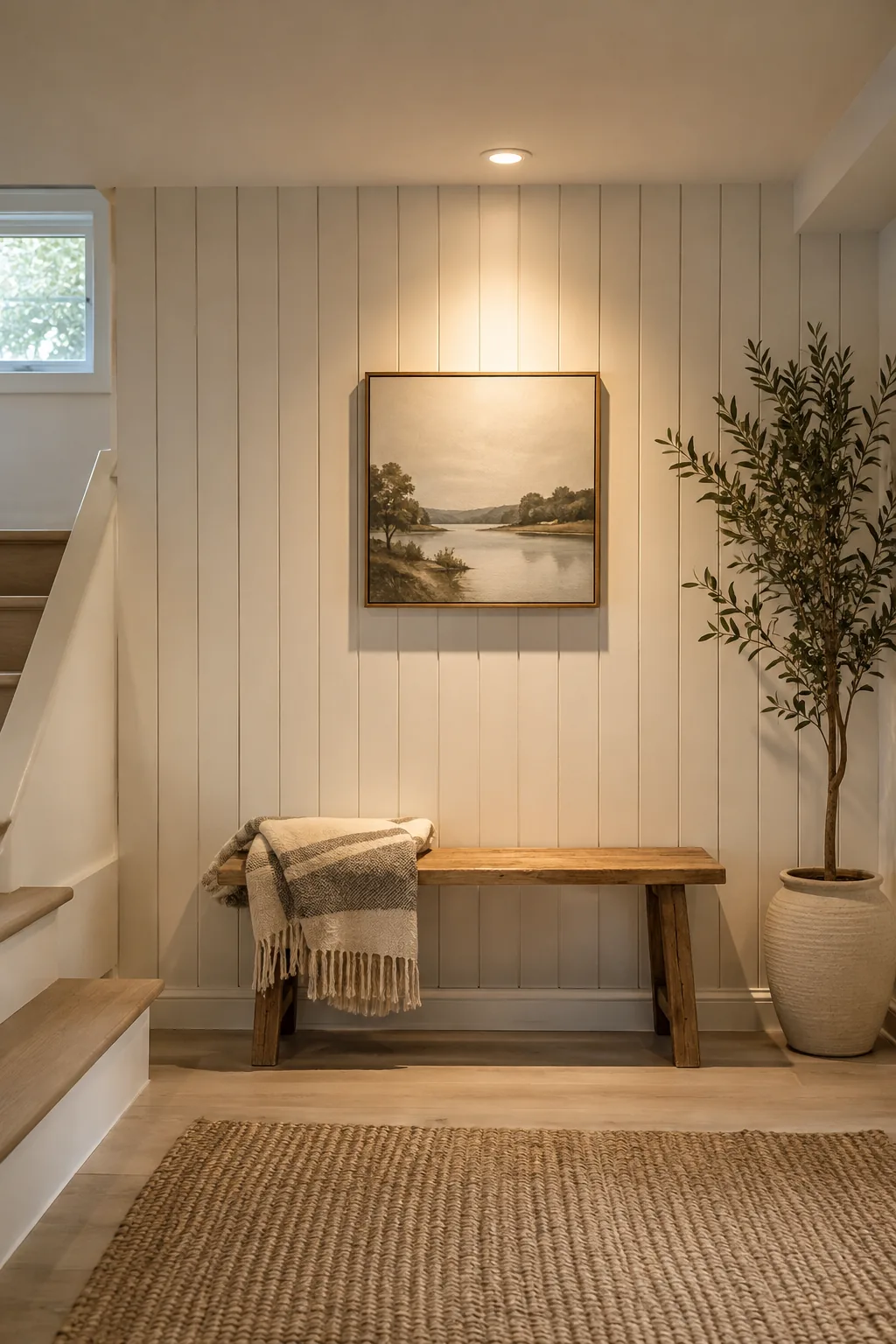 Vertical painted wood shiplap on basement walls.