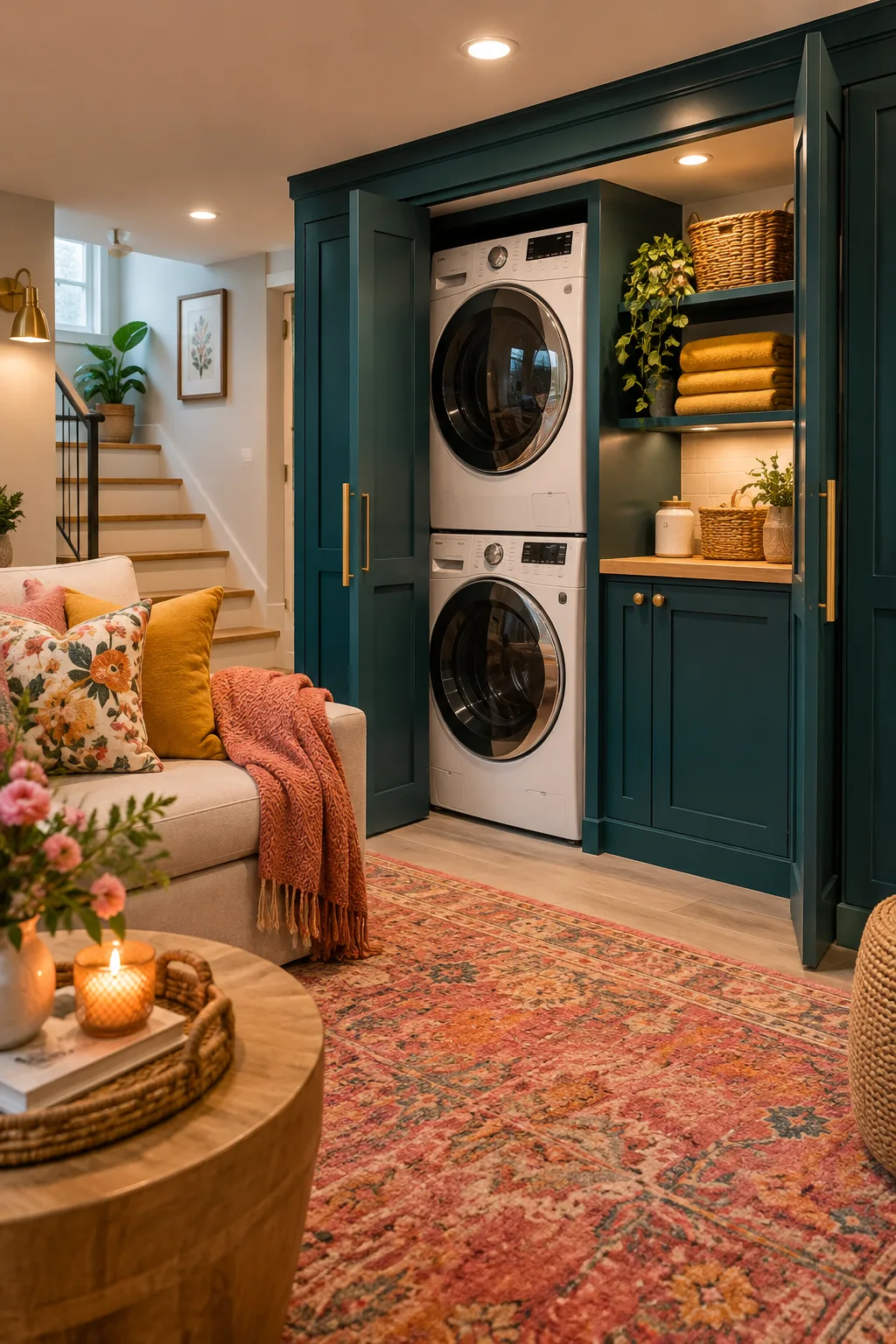 A stacked washer and dryer hidden inside custom millwork.