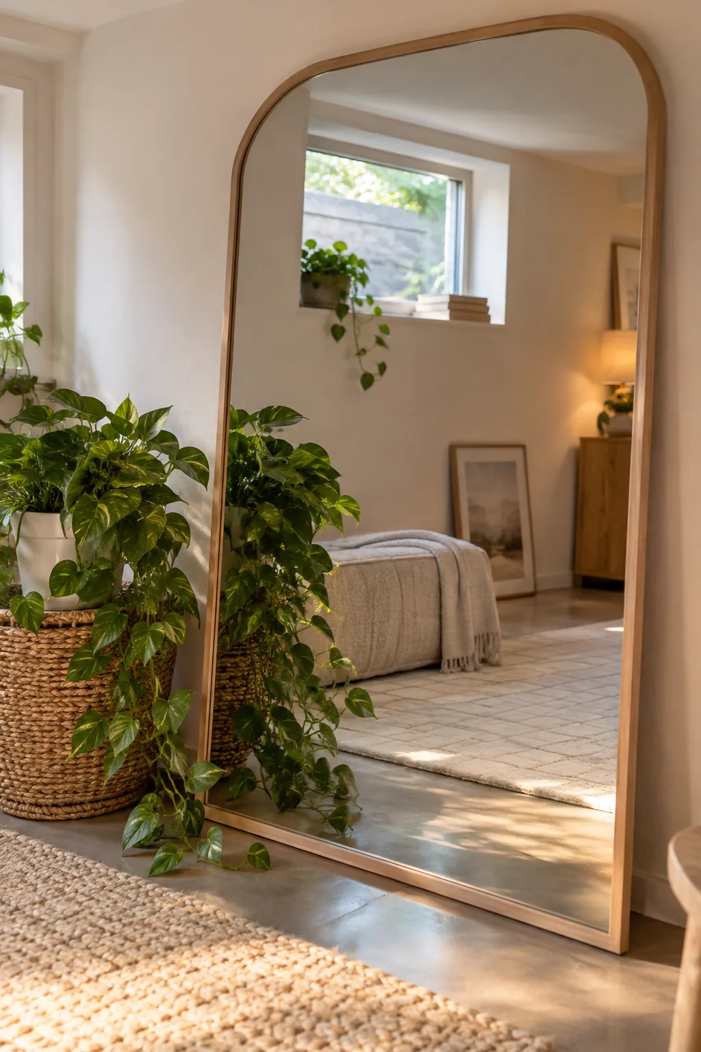 A massive floor mirror leaning opposite a basement window.