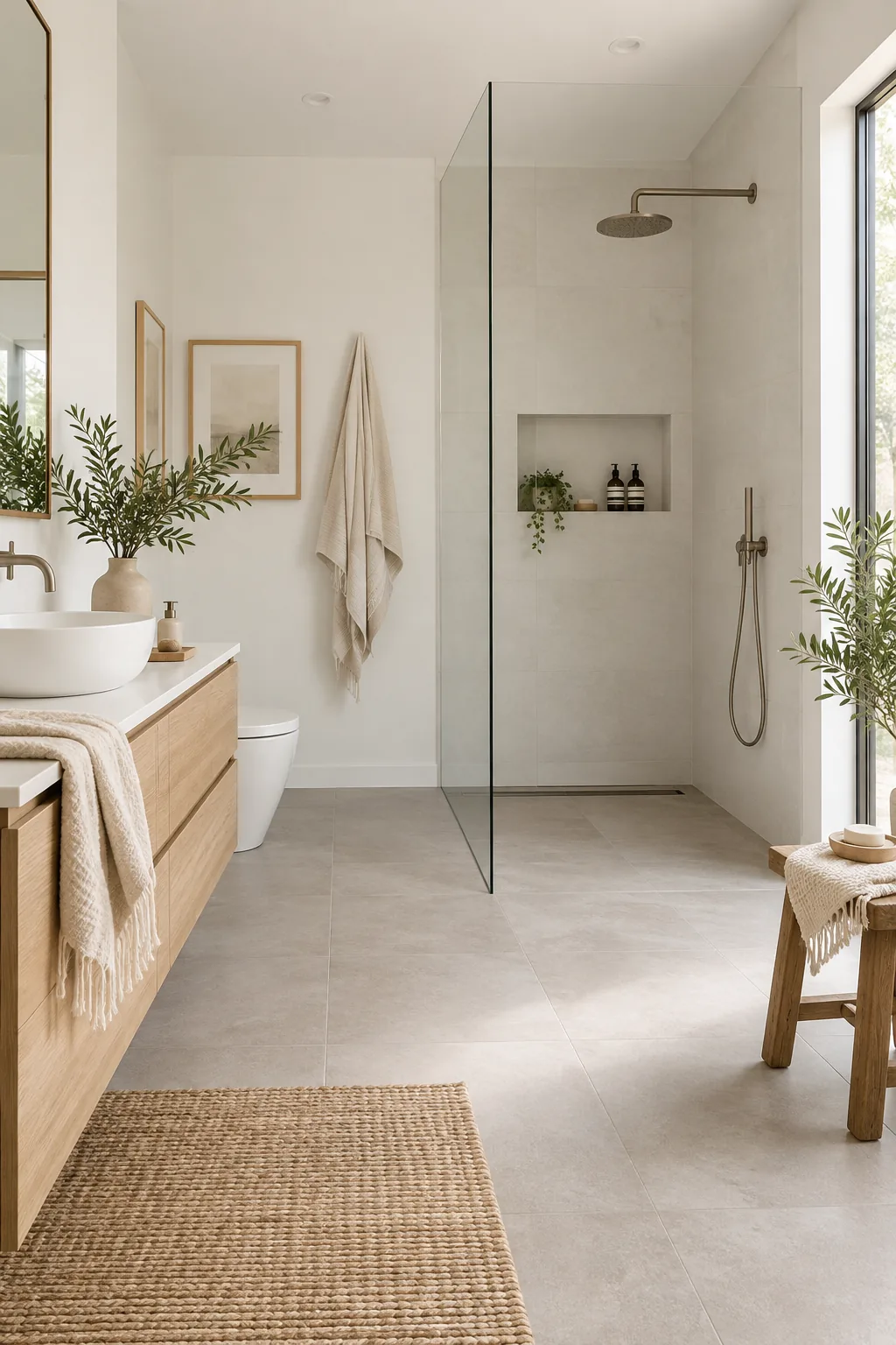 Continuous floor tile leading into a curbless shower.