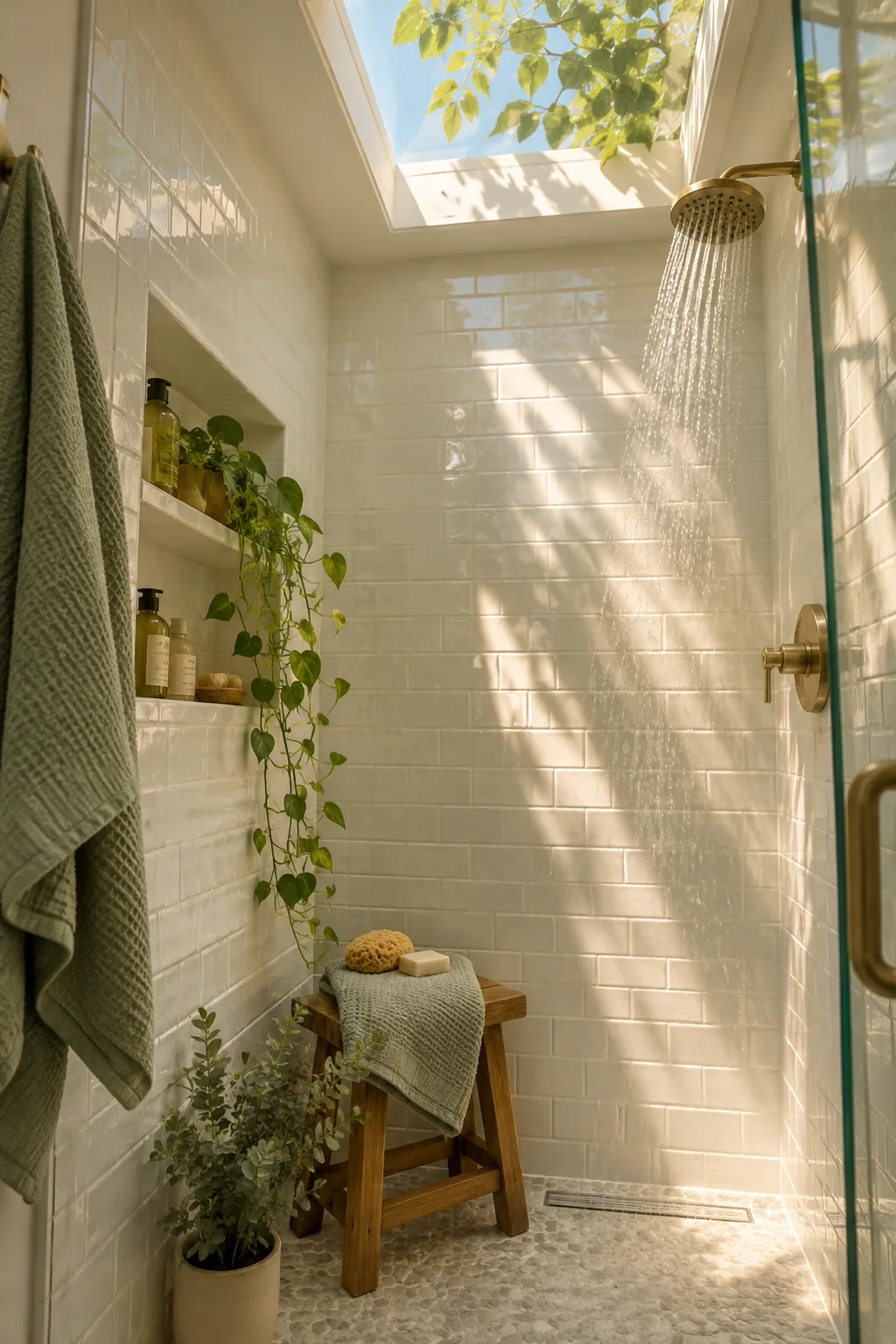 Sunlight streaming through a skylight into a tiled shower.