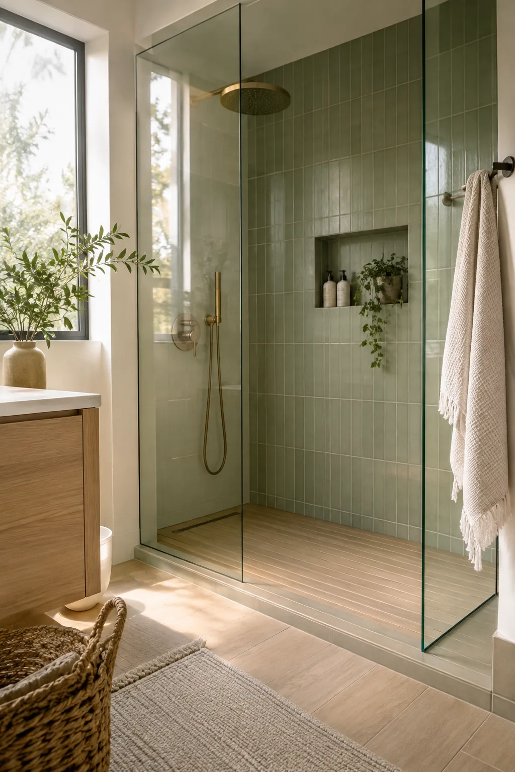 Modern bathroom featuring a clear frameless glass shower enclosure.