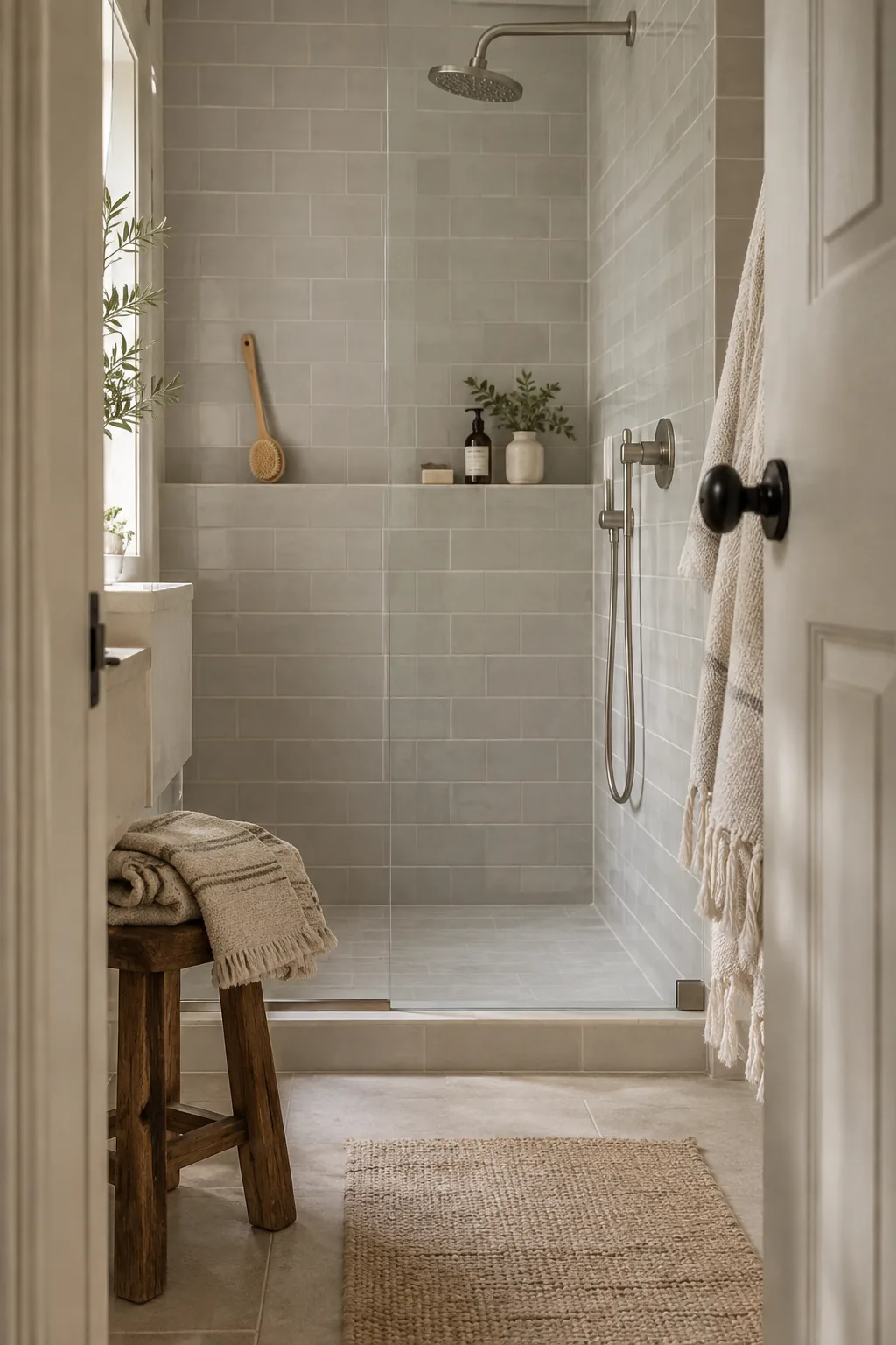 White subway tile with white grout in a shower.