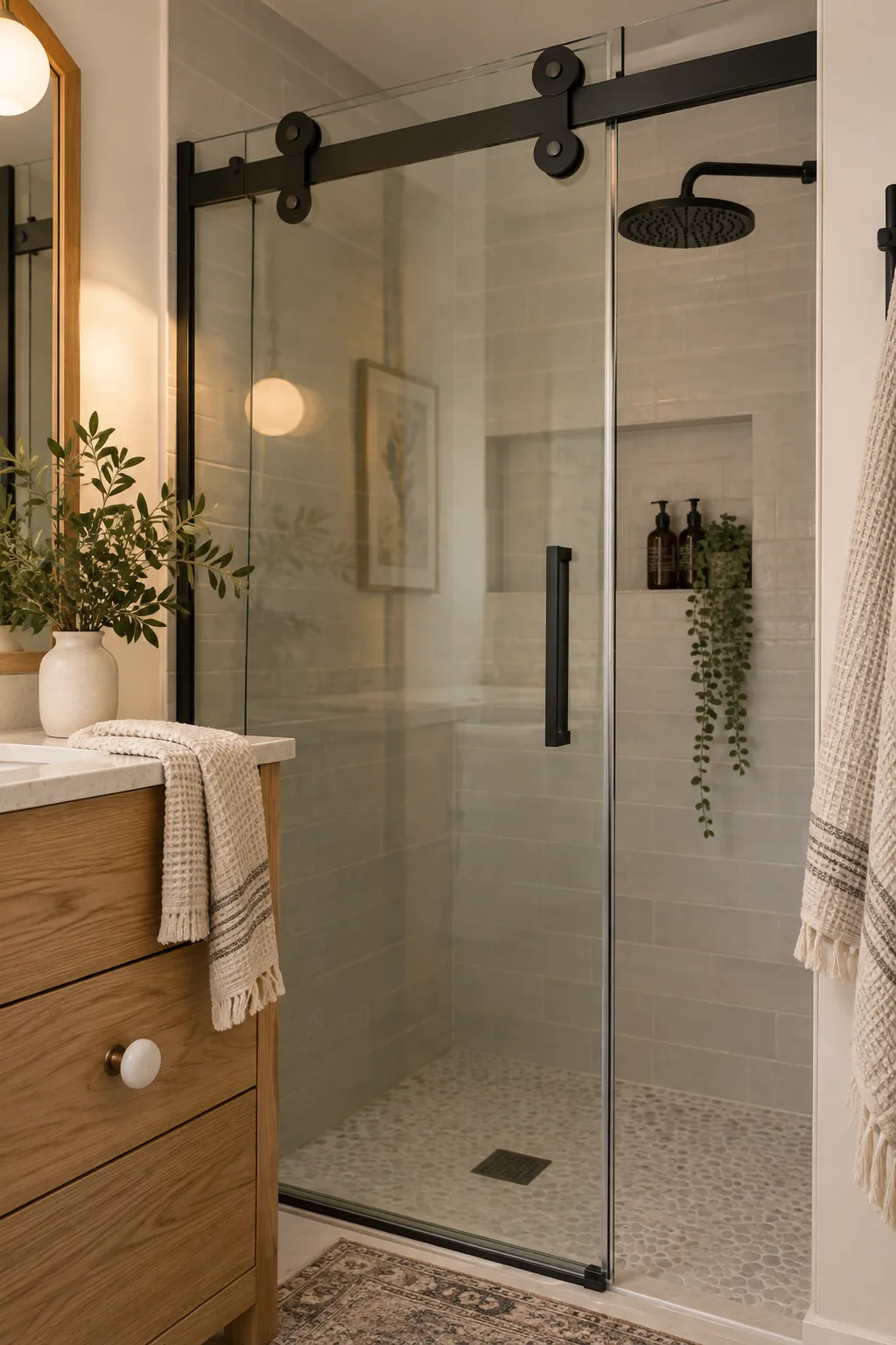 Barn-style sliding glass door on a small shower.