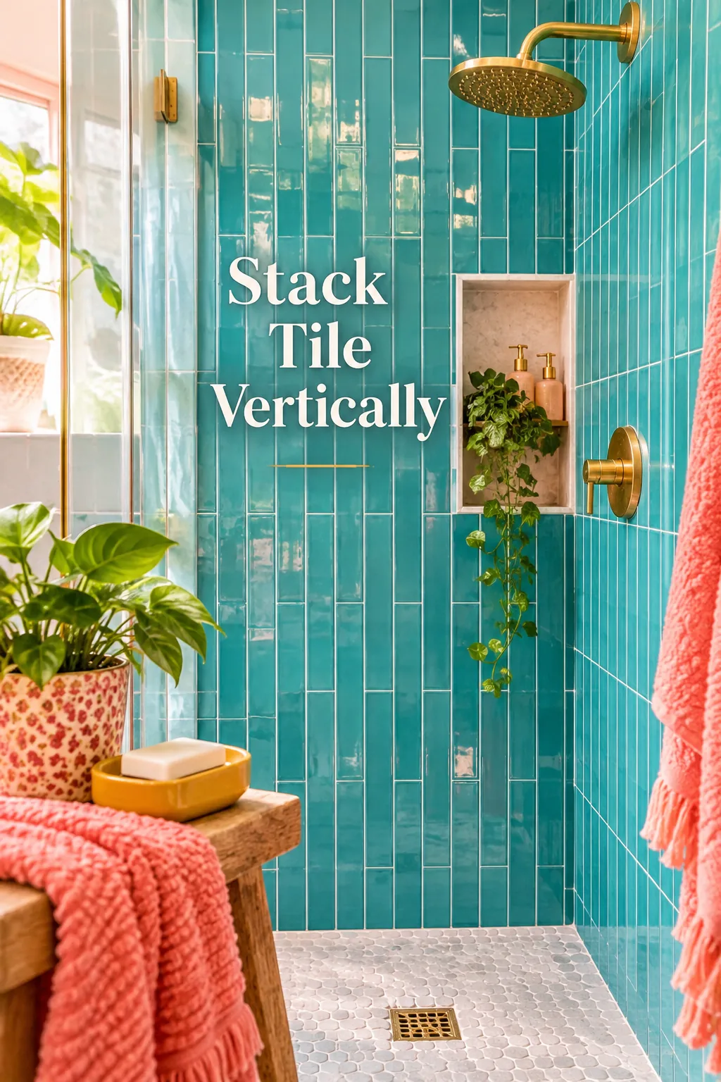 Glossy green subway tile stacked vertically in a shower.