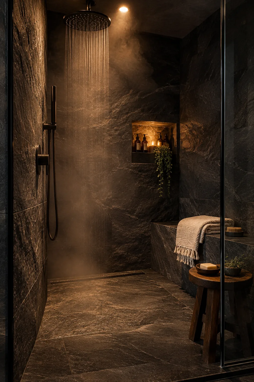 Small shower wrapped in dark charcoal slate tile.