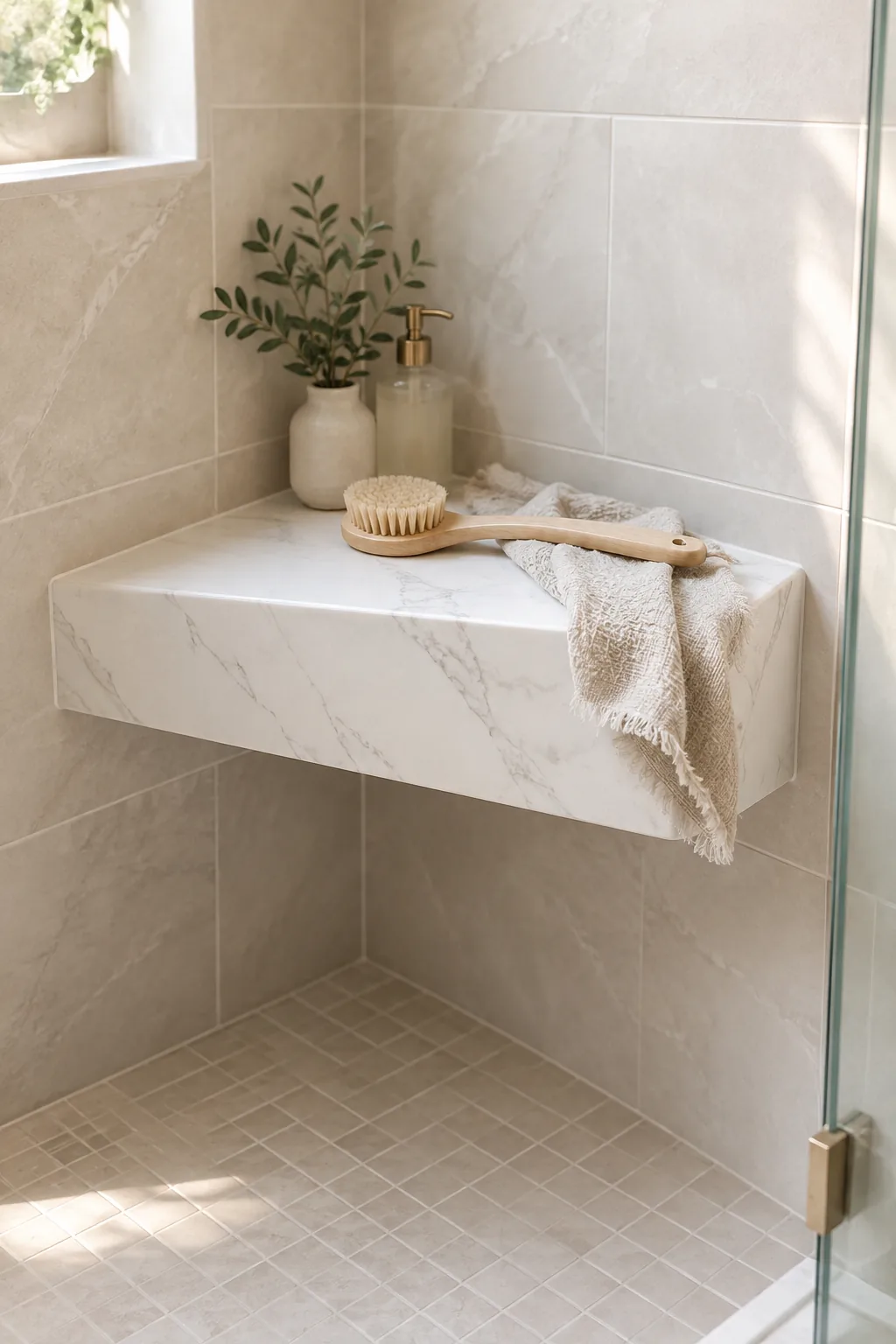 White quartz floating corner shelf inside a shower stall.