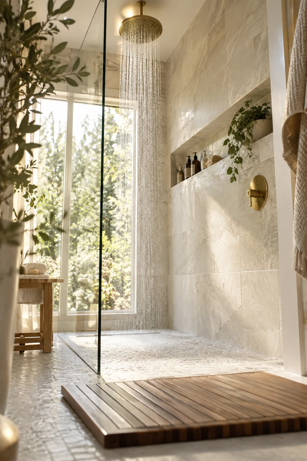 Sleek rain shower head mounted high near the ceiling.