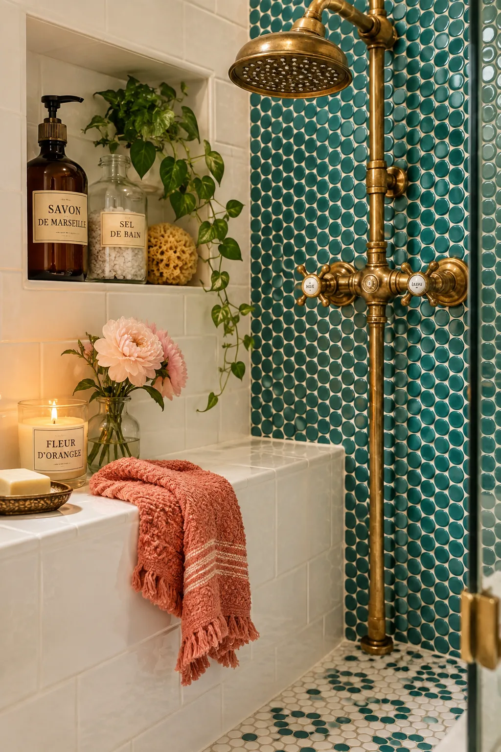 Unlacquered brass shower fixtures against white penny tile.