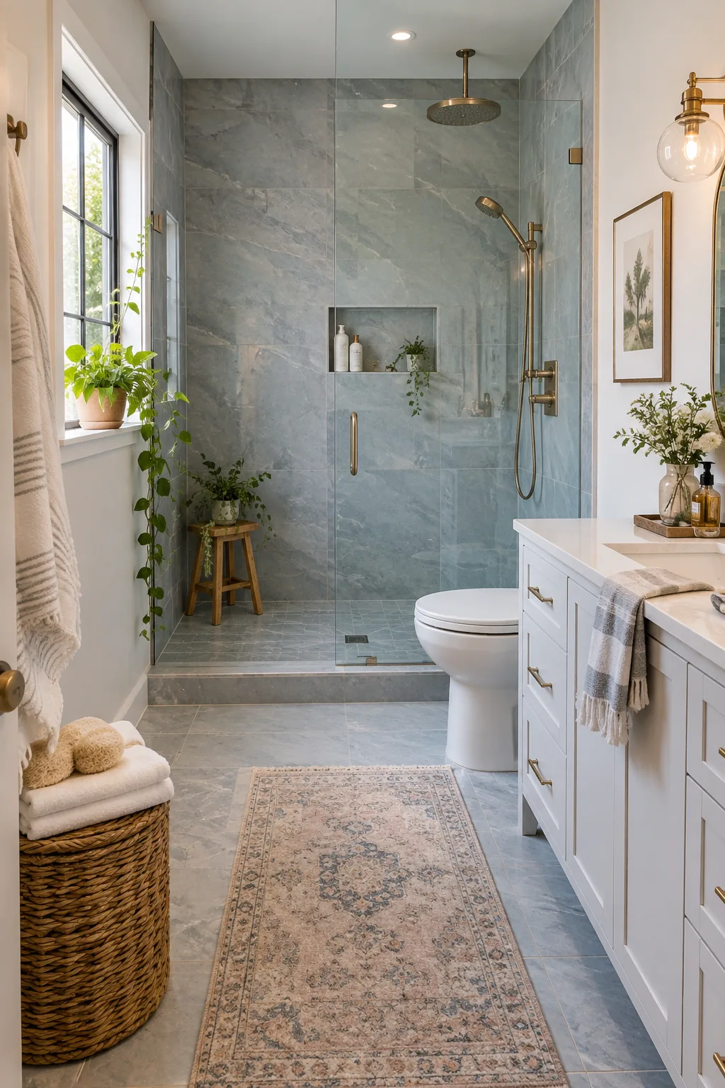 Large walk-in shower replacing a standard bathtub layout.