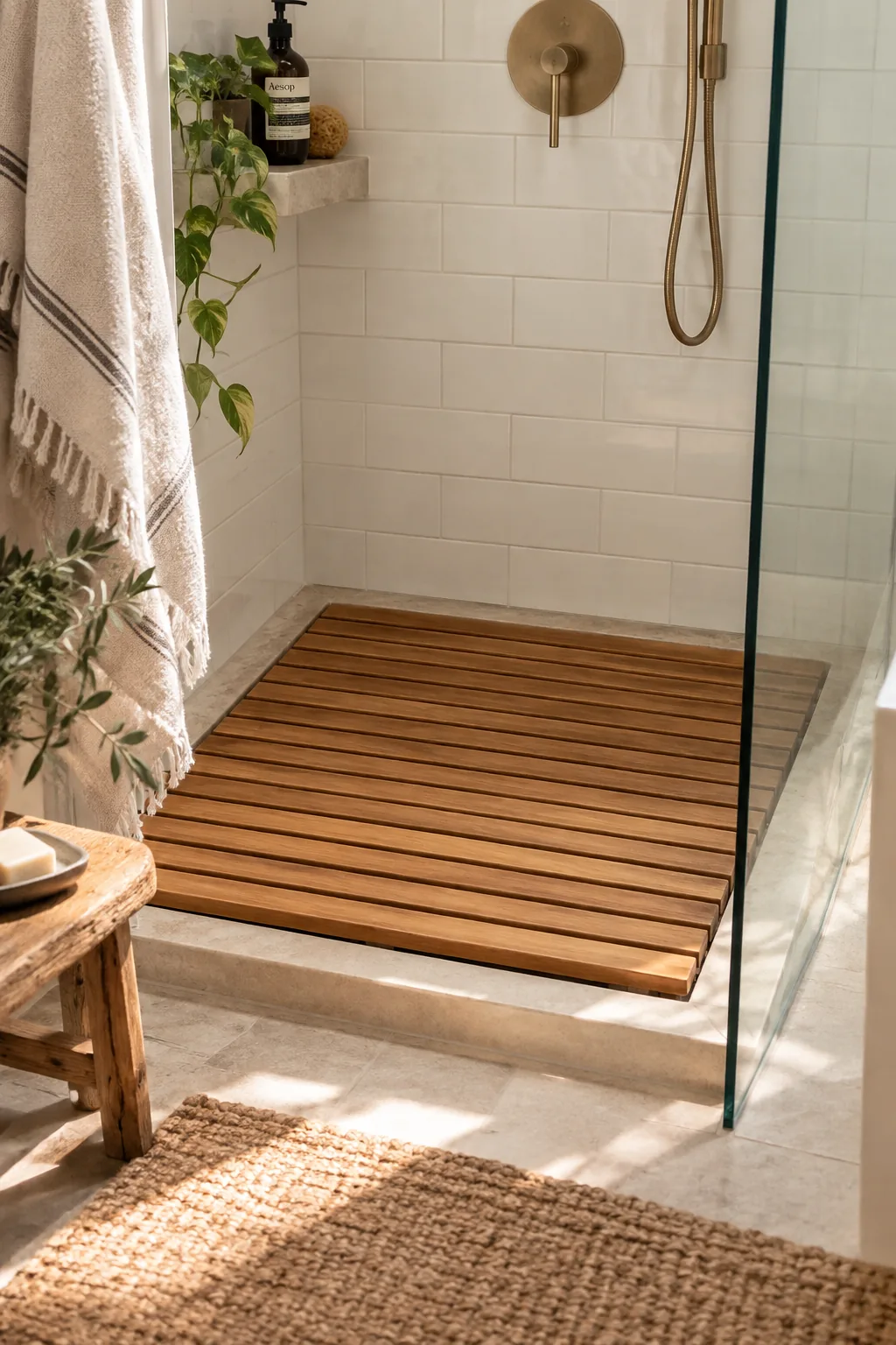Slatted teak wood mat resting on a shower floor.