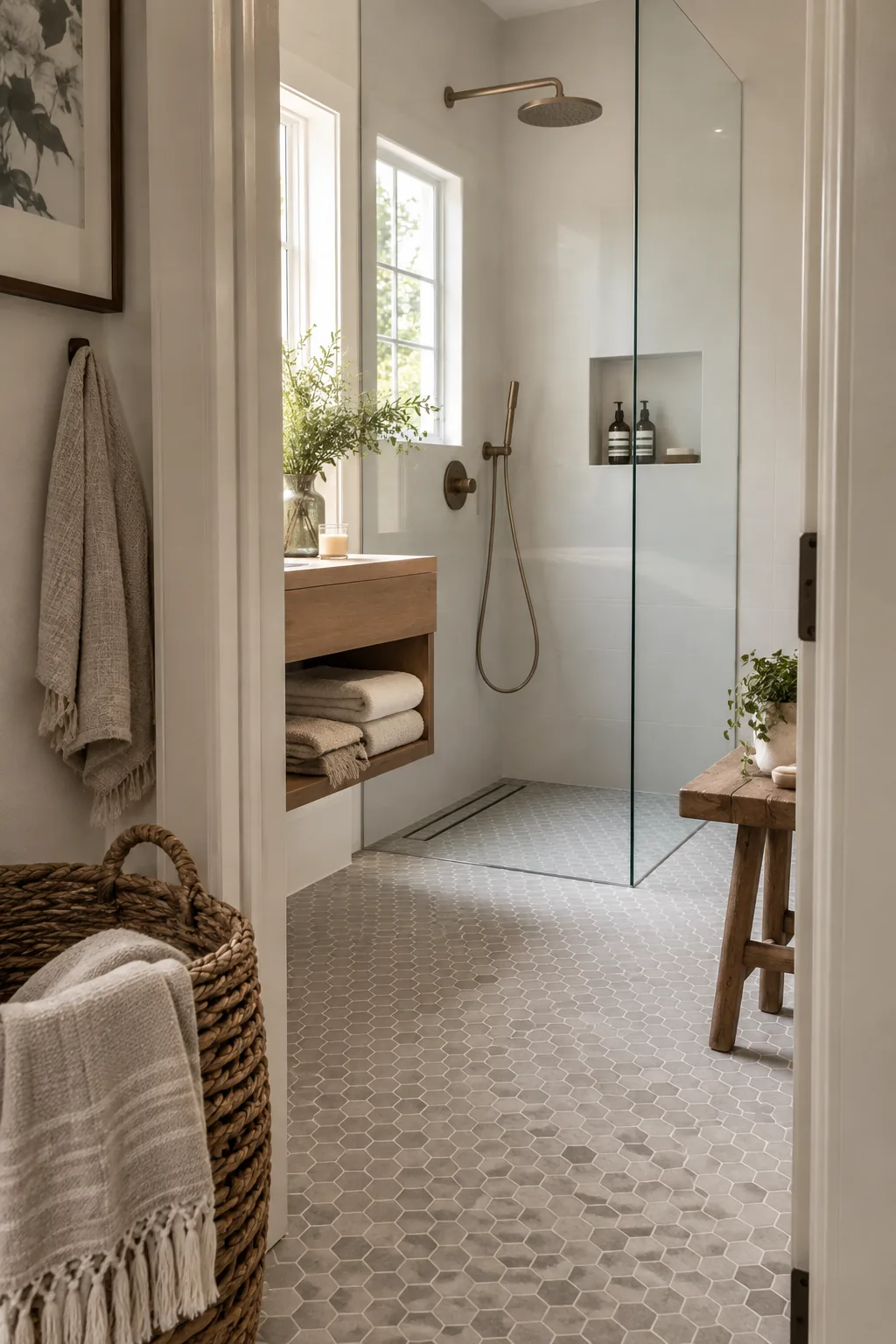 Hexagon floor tile continuing seamlessly into a shower enclosure.
