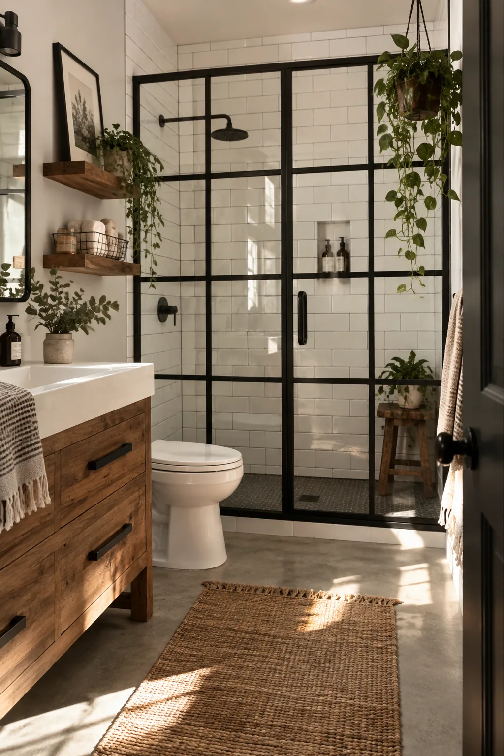 Glass shower enclosure framed with black metal mullions.