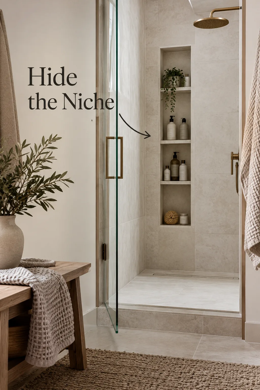Tall vertical shower niche tucked behind the entry wall.