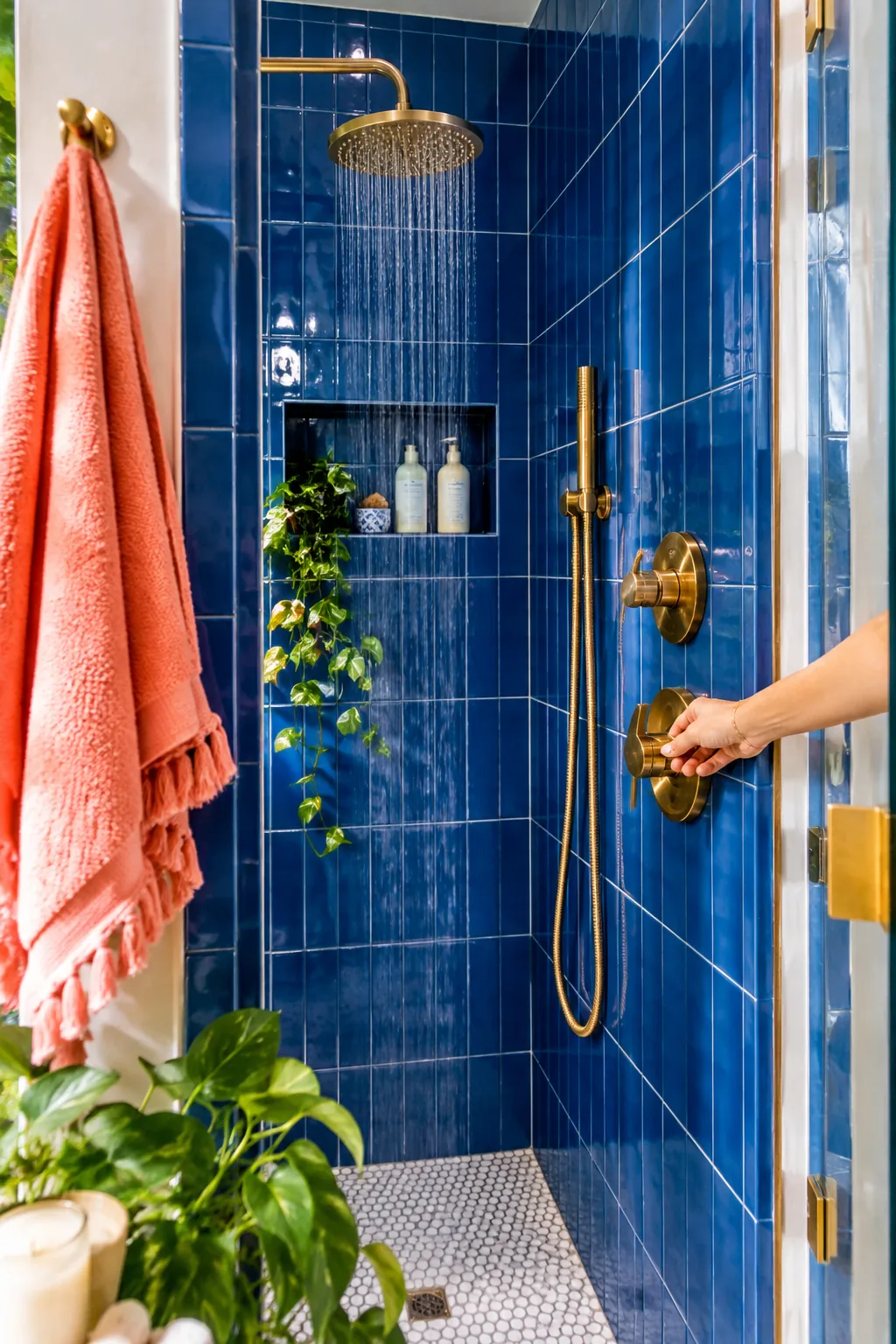 Shower diverter valve installed near the glass door entrance.