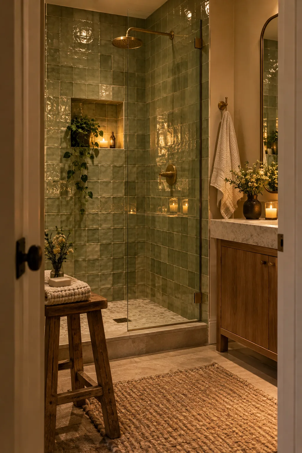 Handmade glazed ceramic tiles reflecting light in a shower.