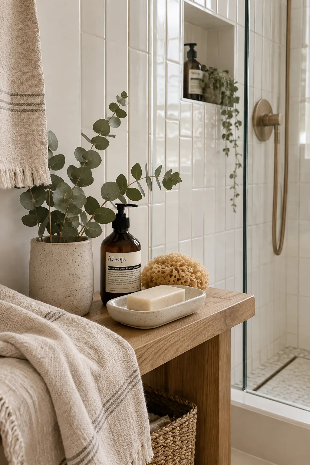 White subway tile stacked vertically in a small shower