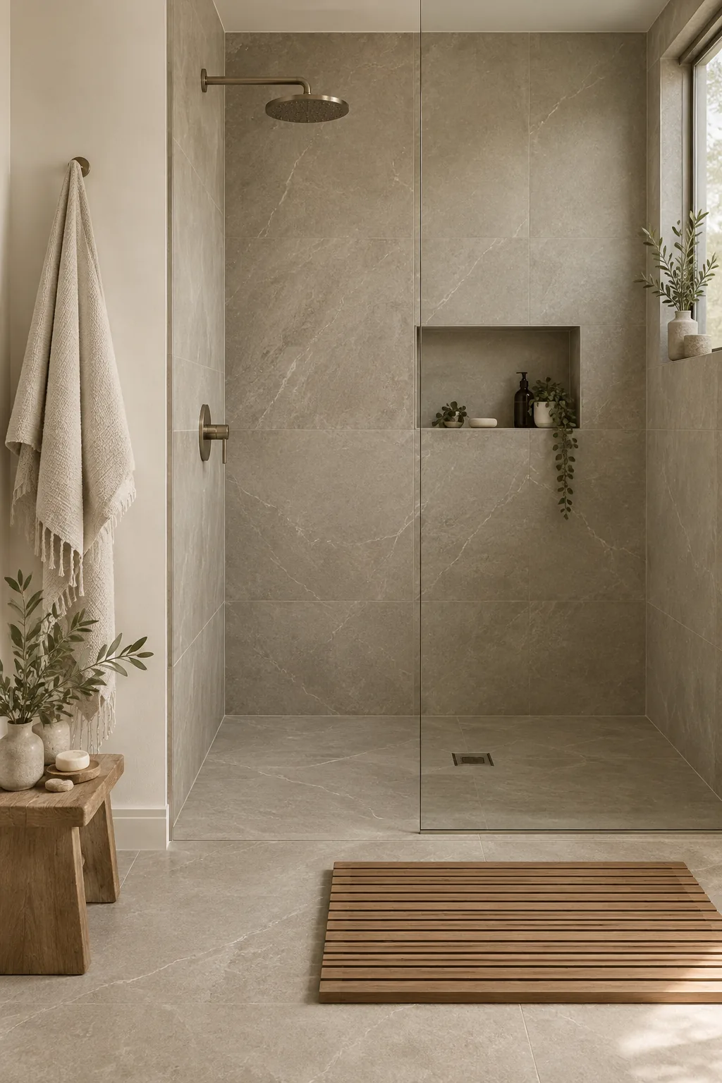 Large grey floor tiles continuing seamlessly into a shower pan