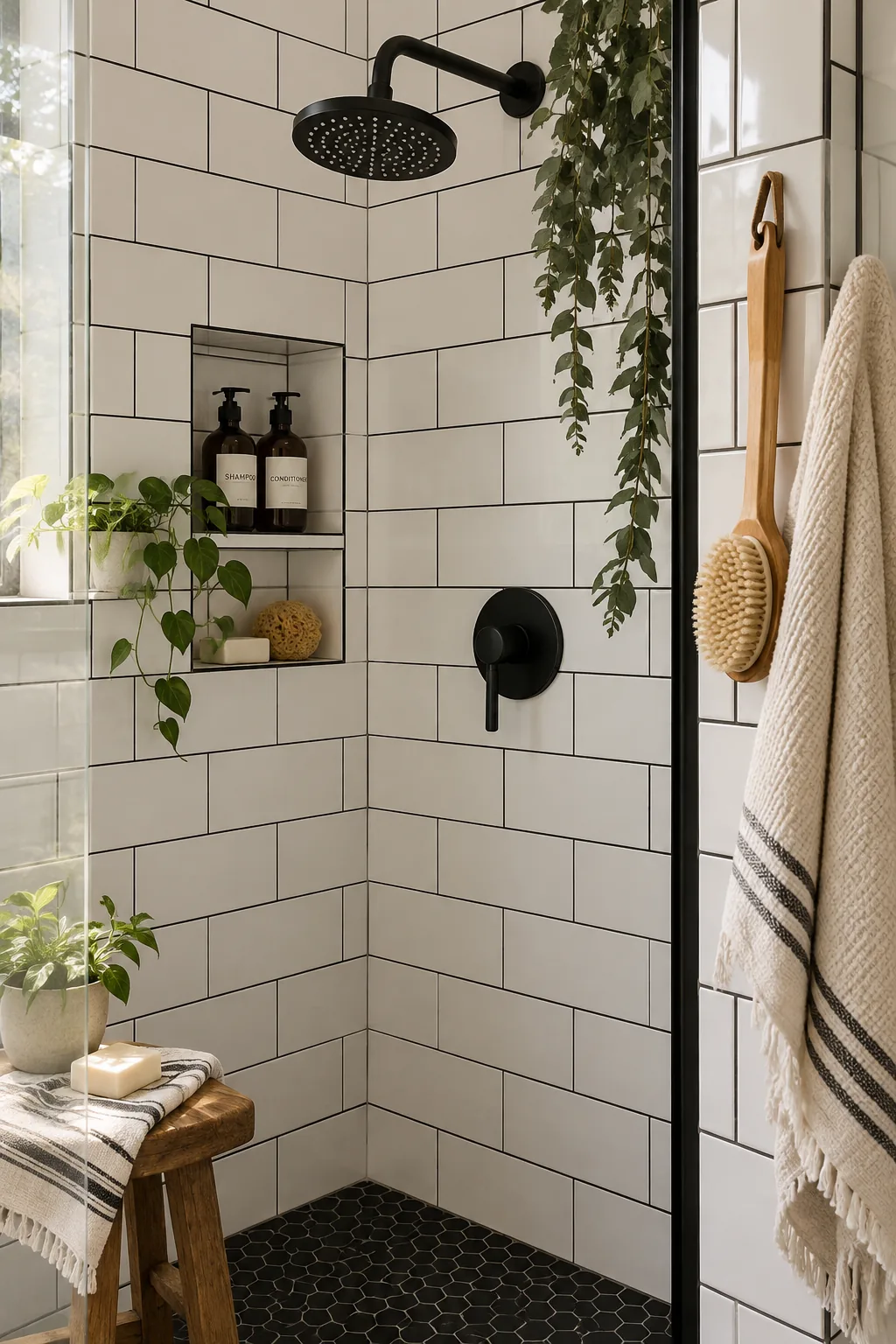 White square tiles with contrasting black grout