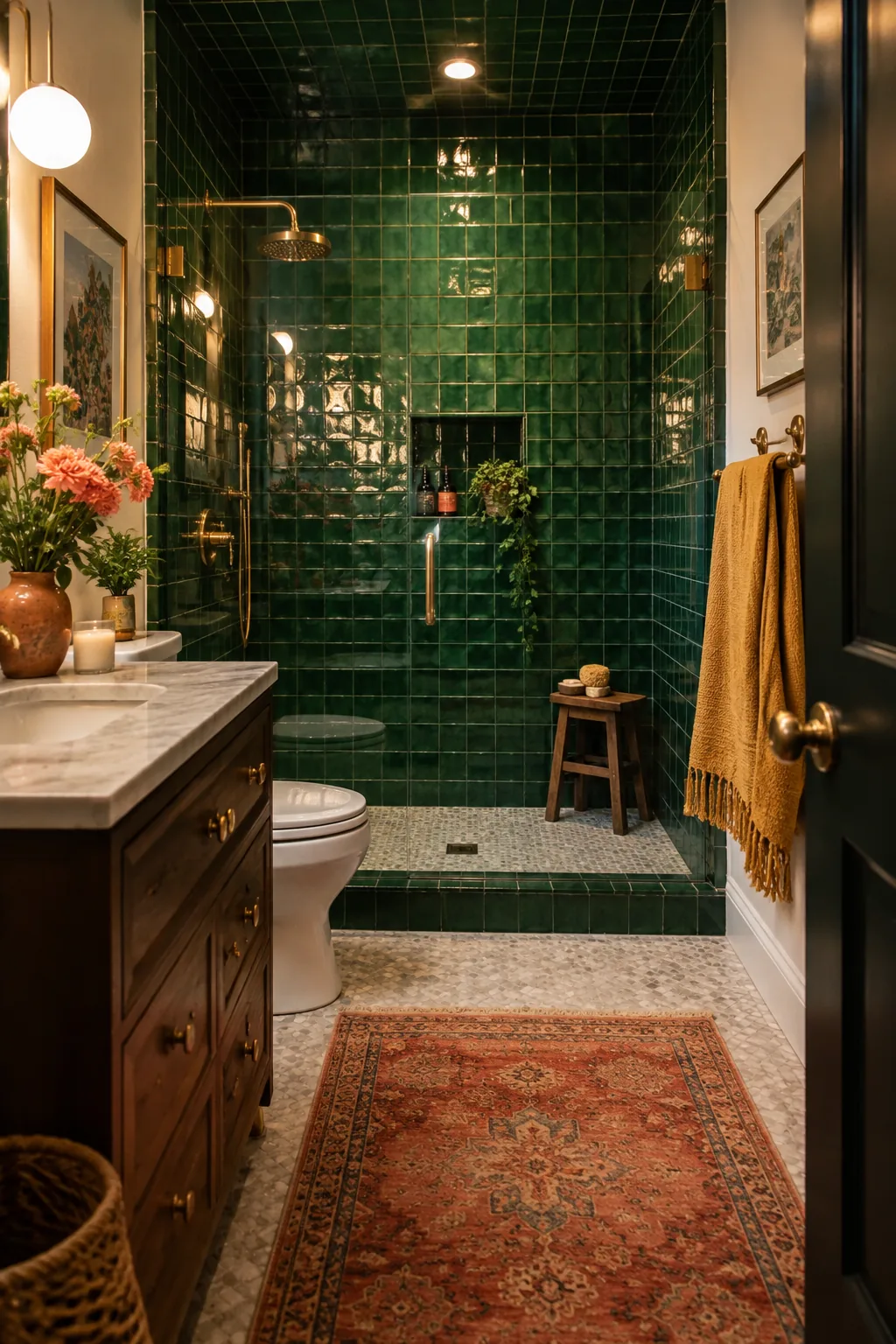 Deep green glossy tile wrapping a small shower enclosure