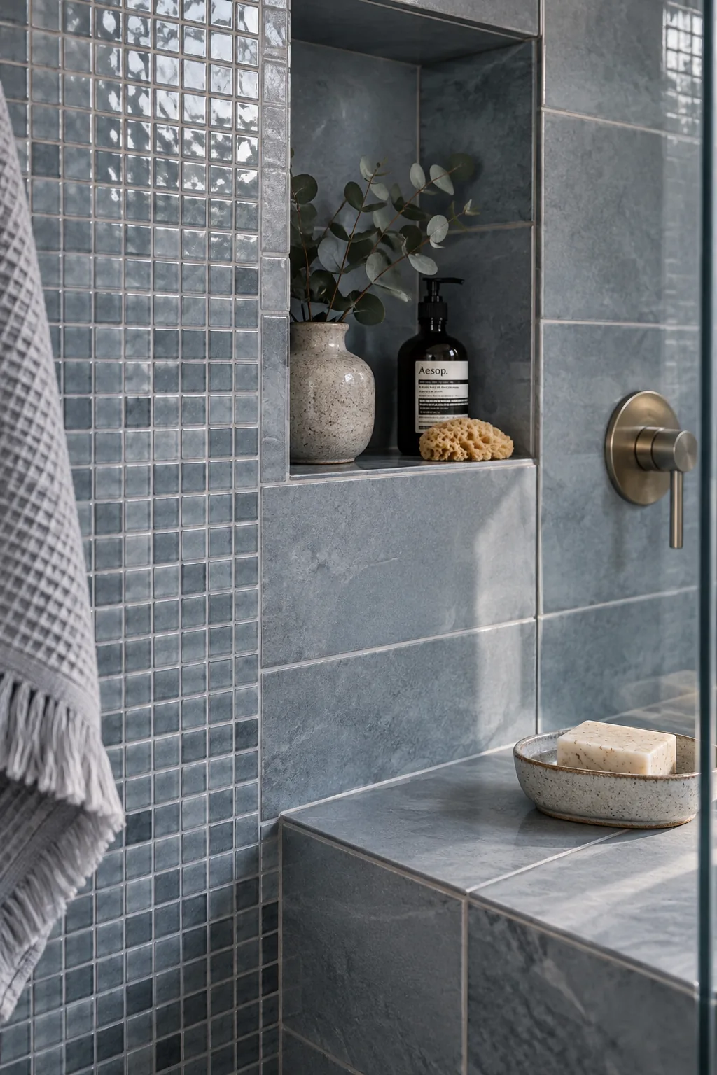 Large gray wall tiles paired with small gray penny floor tiles