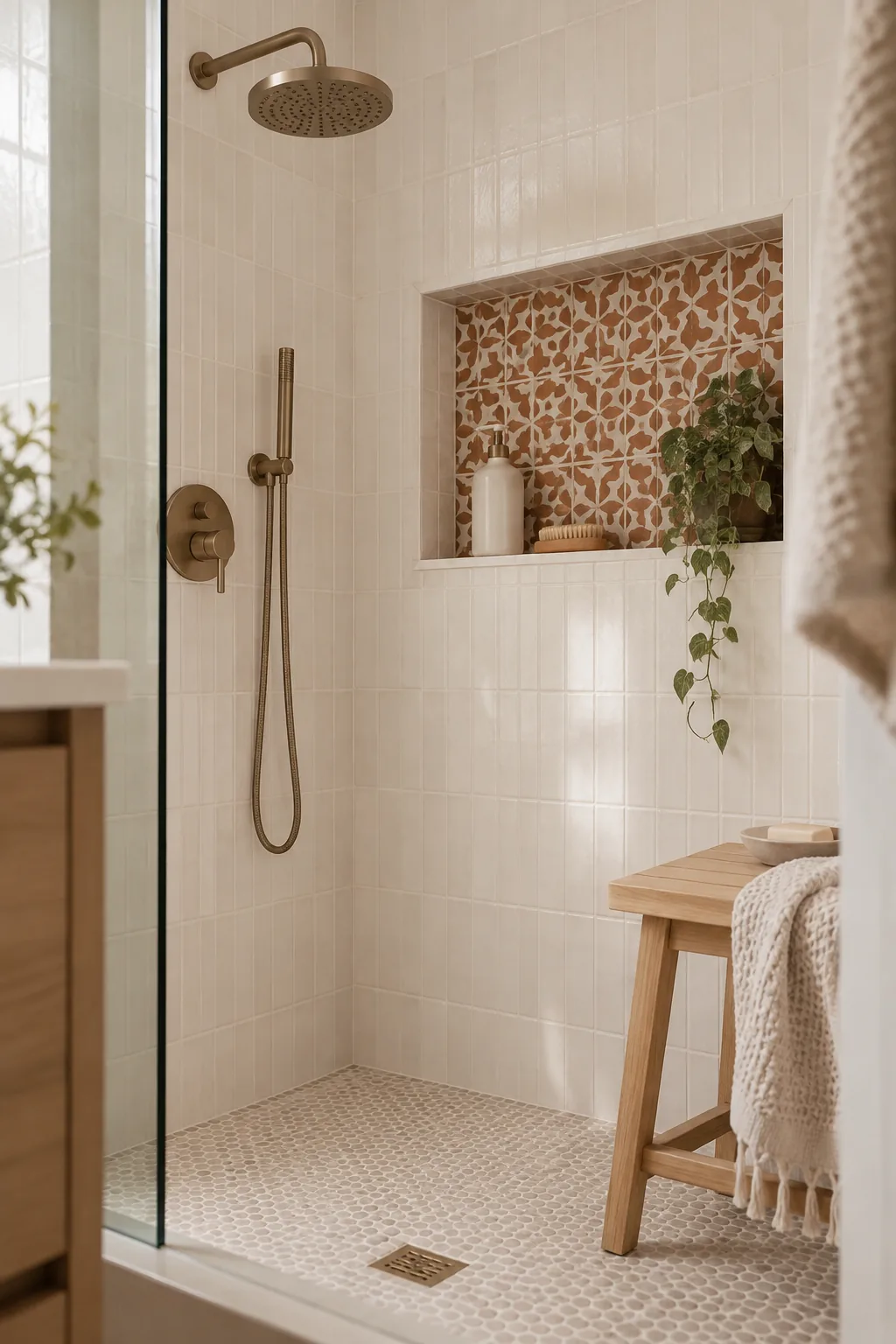 Shower niche lined with bold patterned mosaic tile