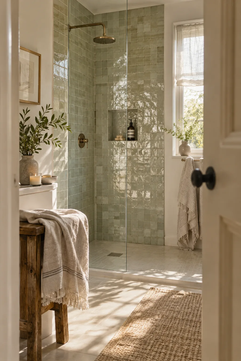 White handmade zellige tiles reflecting light in a shower