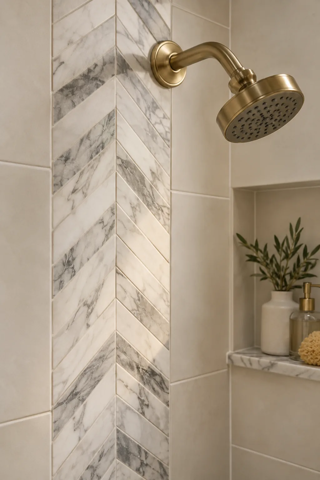 A vertical stripe of marble chevron tile on a shower wall