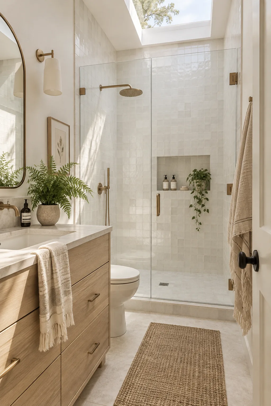 White shower tile extending all the way up to the ceiling