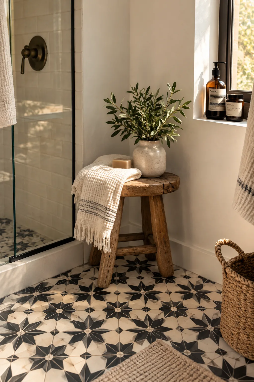 Black and white geometric floor tile with plain white shower walls