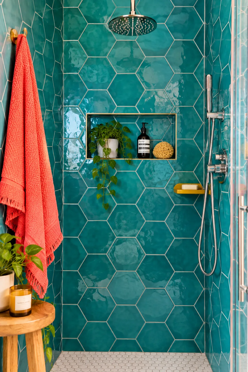 Large eight-inch gray hexagon tiles on a shower wall