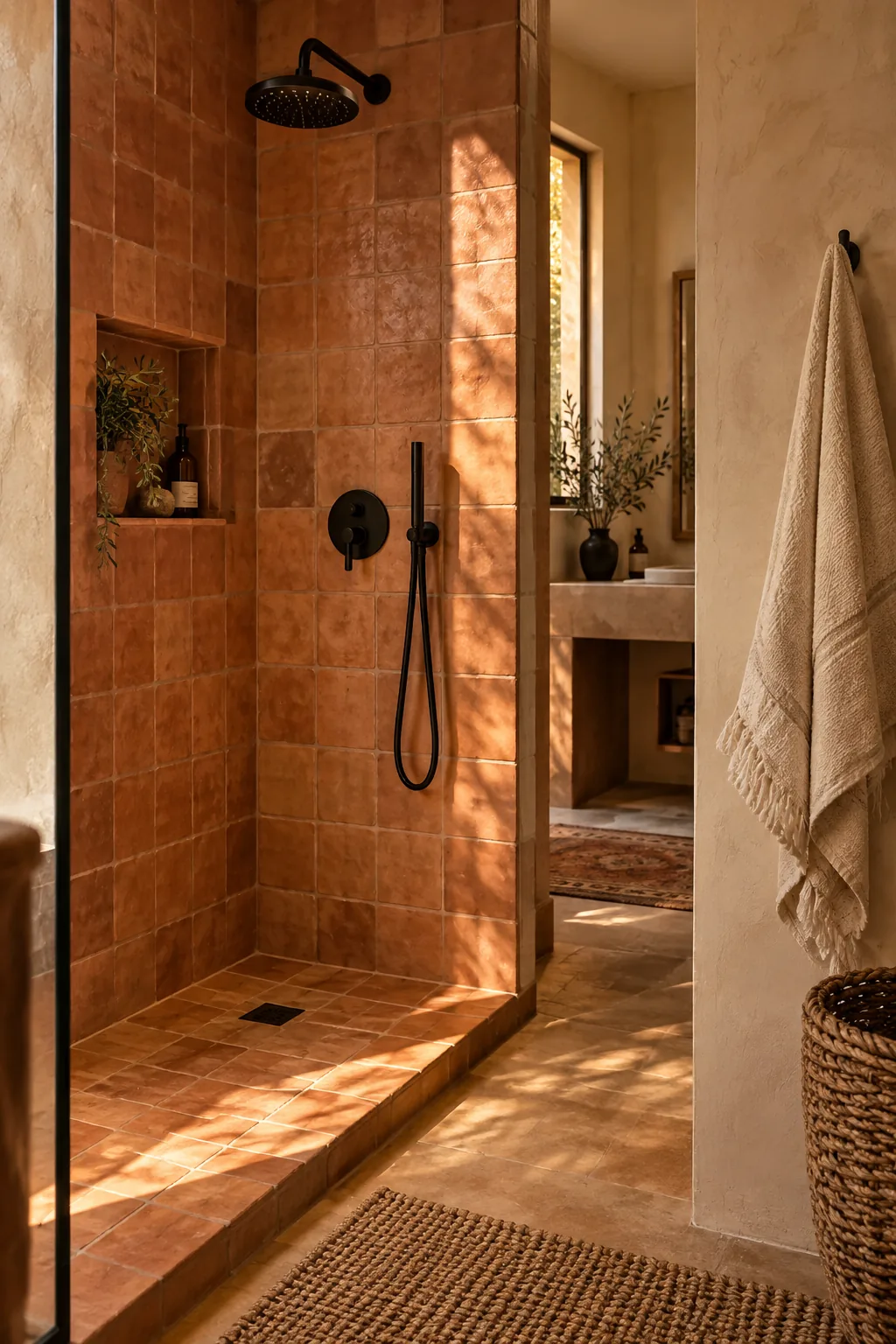 Warm terracotta colored tiles in a small shower with black fixtures