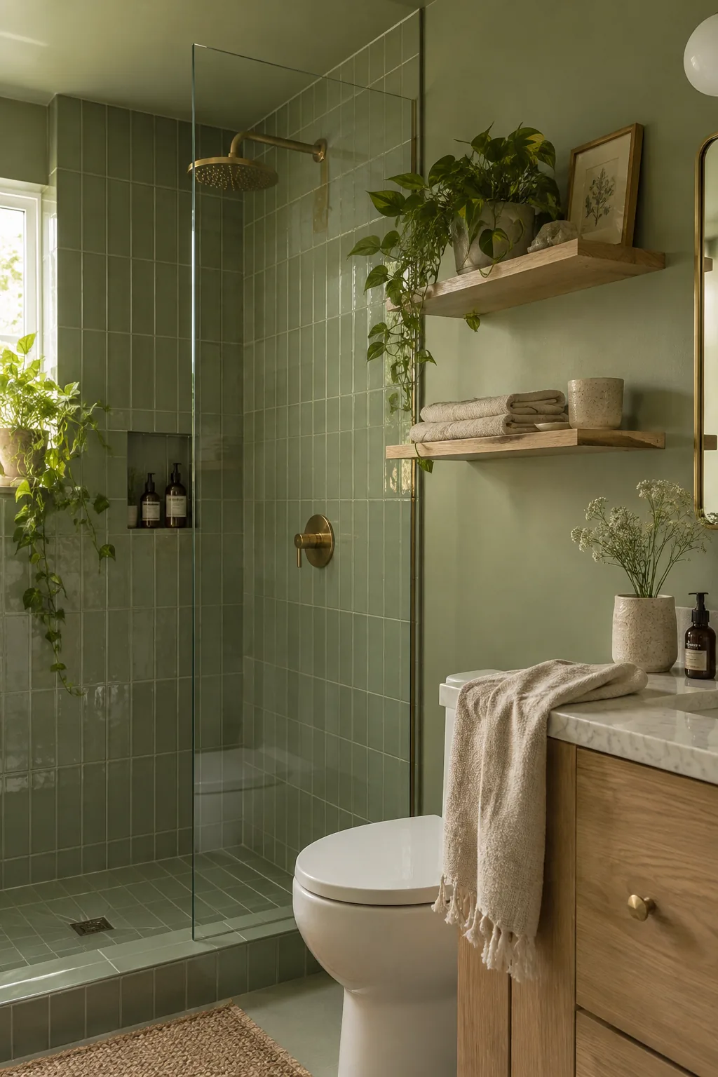 Shower tile matching the exact blue paint color of the bathroom walls