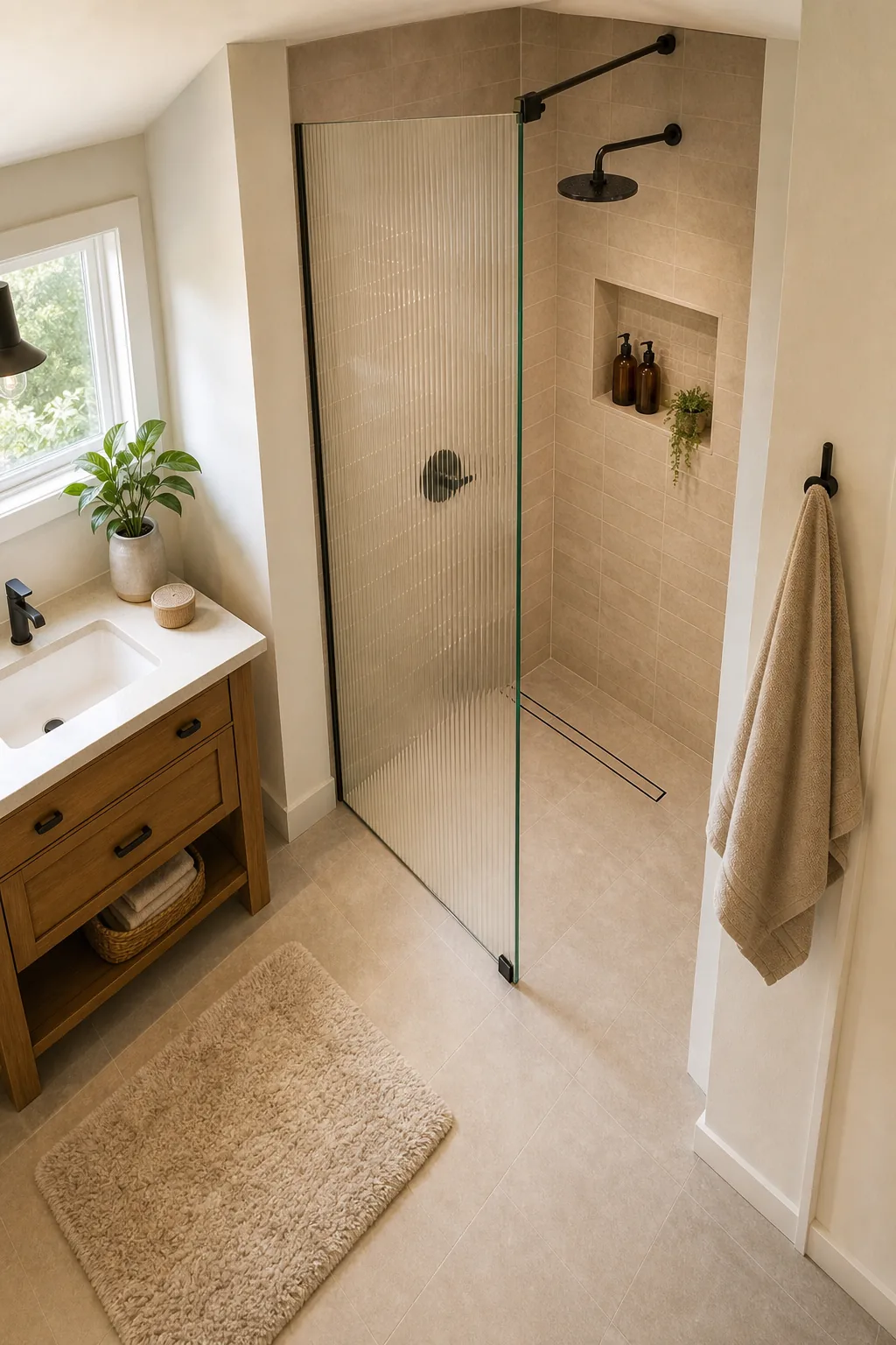 Elevated view of a small bathroom floor plan showing the vanity and shower footprint.