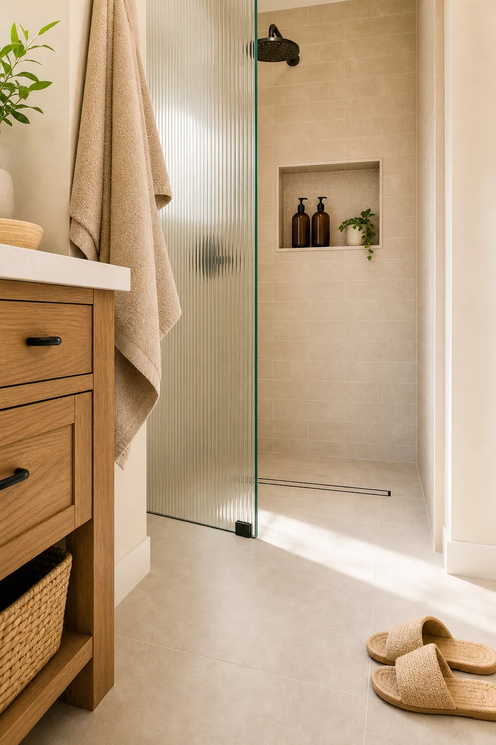 Eye-level view through the narrow entry gap of a walk-in shower.