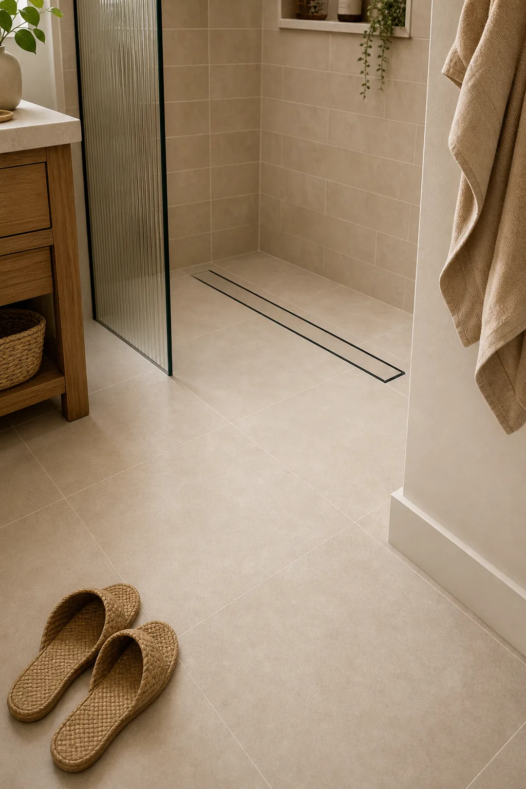Close-up of beige large-format floor tiles continuing seamlessly into a shower.