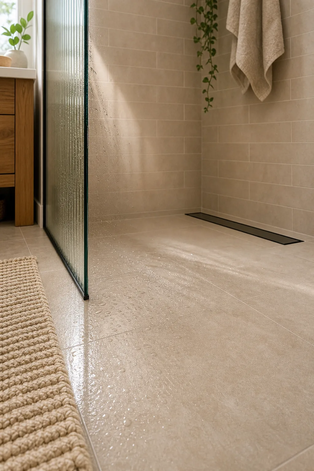 Low angle view of a sloped tiled shower floor meeting a black linear drain.