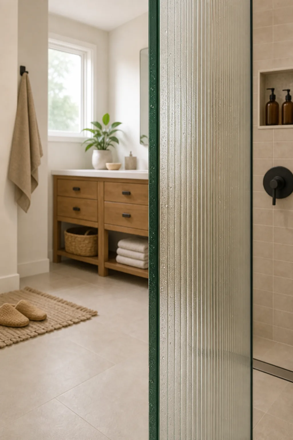 The outer edge of a fluted glass shower panel with water droplets.