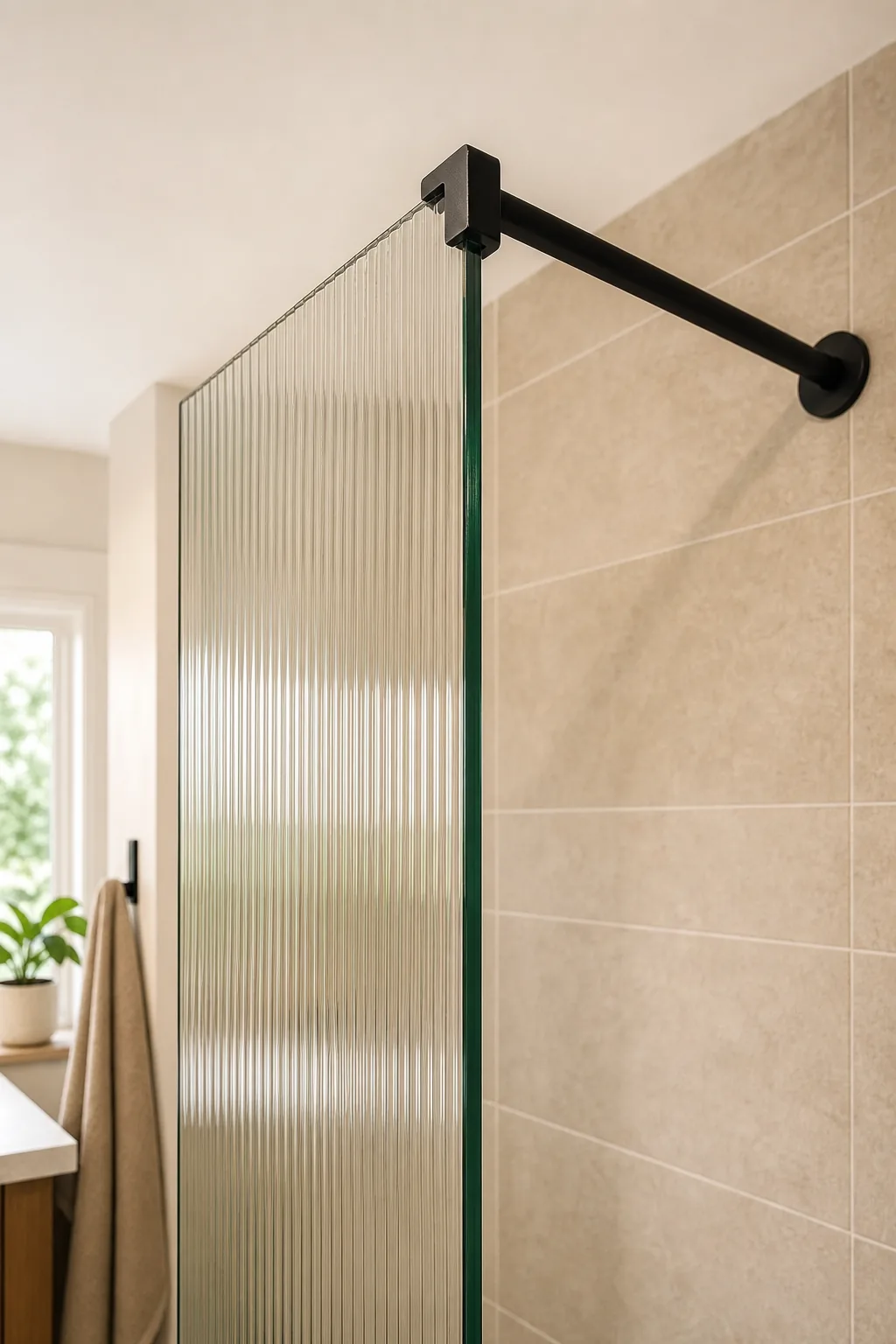 Close-up of a matte black support bar holding a fluted glass shower panel.