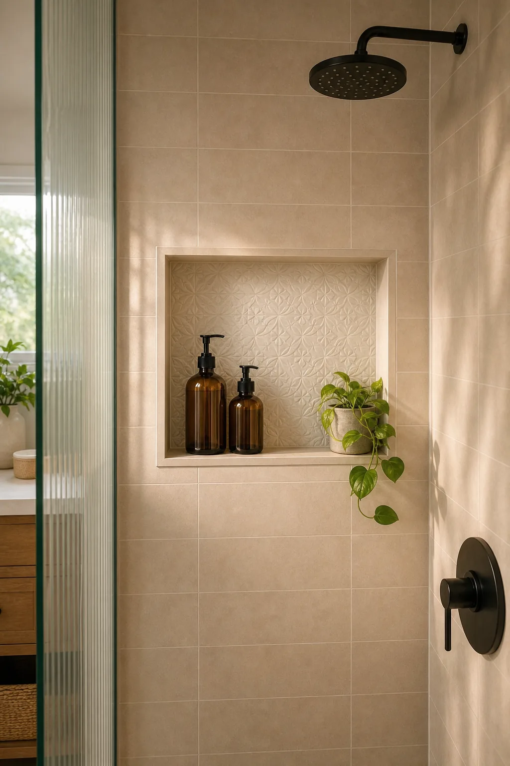 A recessed tiled shower niche holding amber bottles and a small plant.