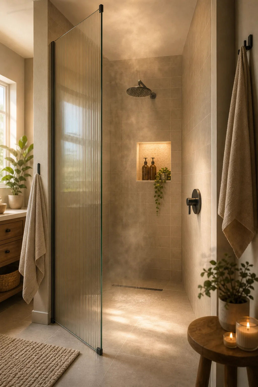 Wide view of a shower interior showing the showerhead and control valve placement.