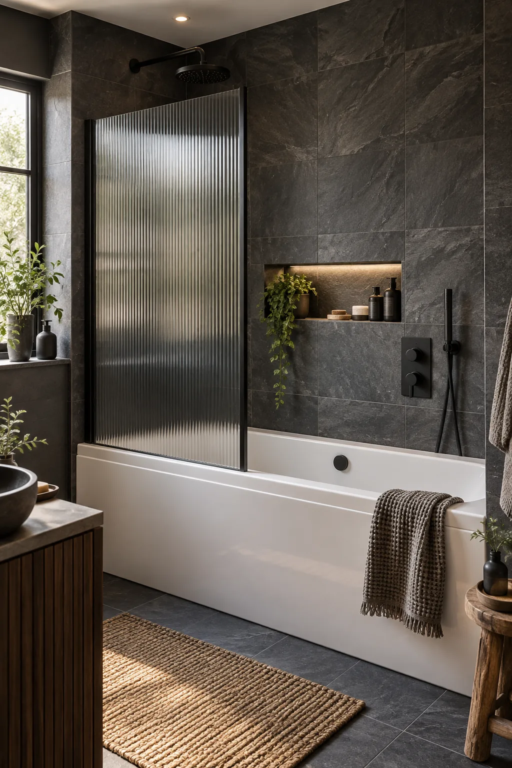 A modern bathroom with a straight bathtub, matte black shower fixtures, charcoal slate tiles, and a fluted glass screen.