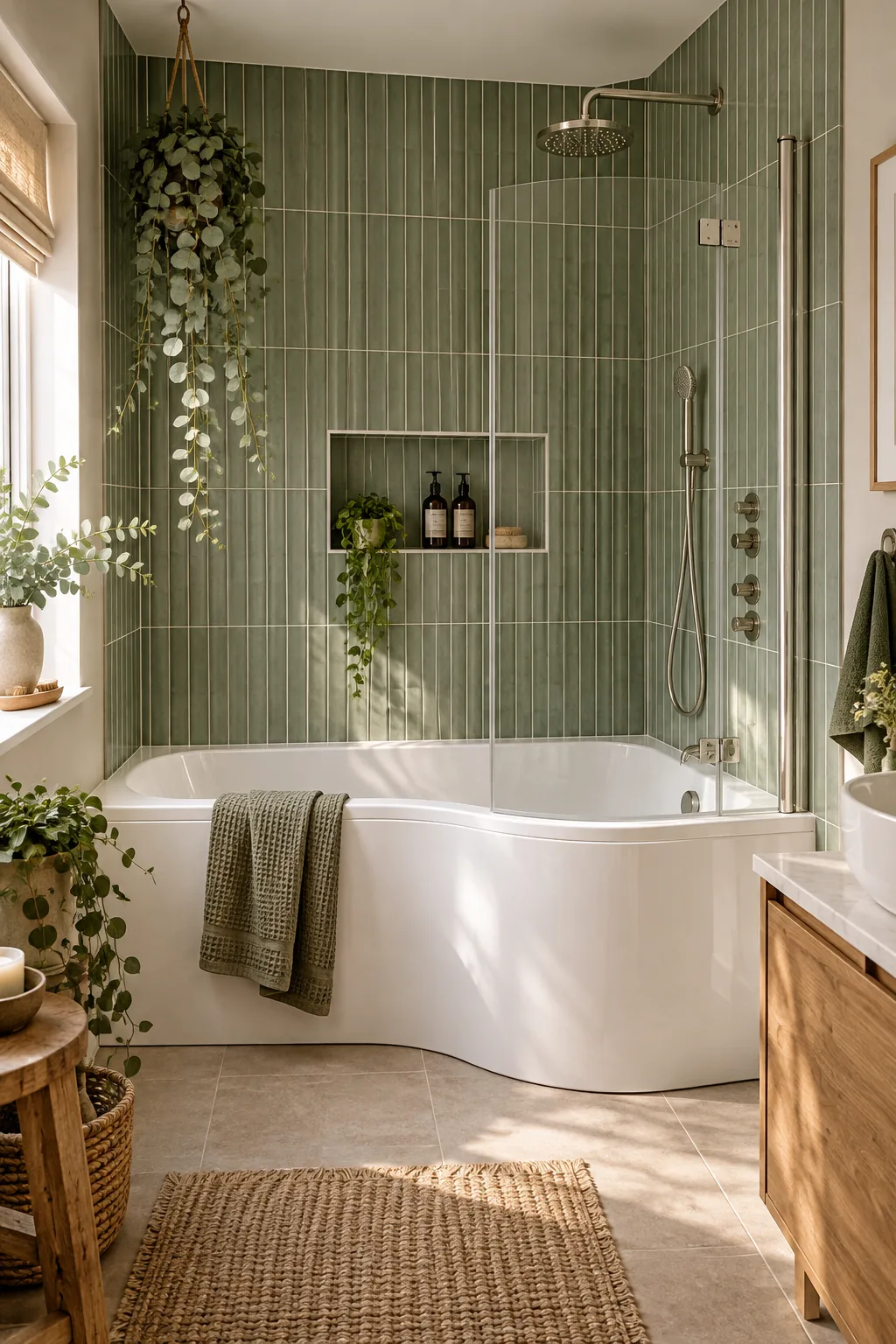 A fresh bathroom featuring a bathtub surrounded by vertical sage green tiles and polished nickel fixtures.