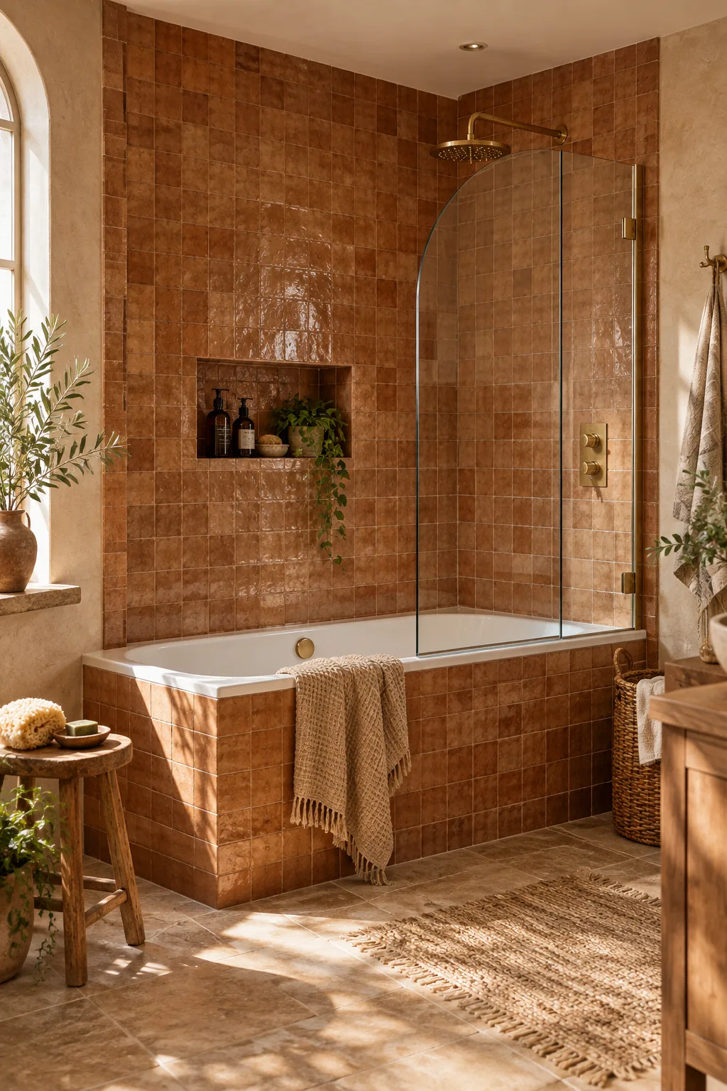 An earthy bathroom with a bathtub, arched glass screen, terracotta zellige tiles, and unlacquered brass fixtures.