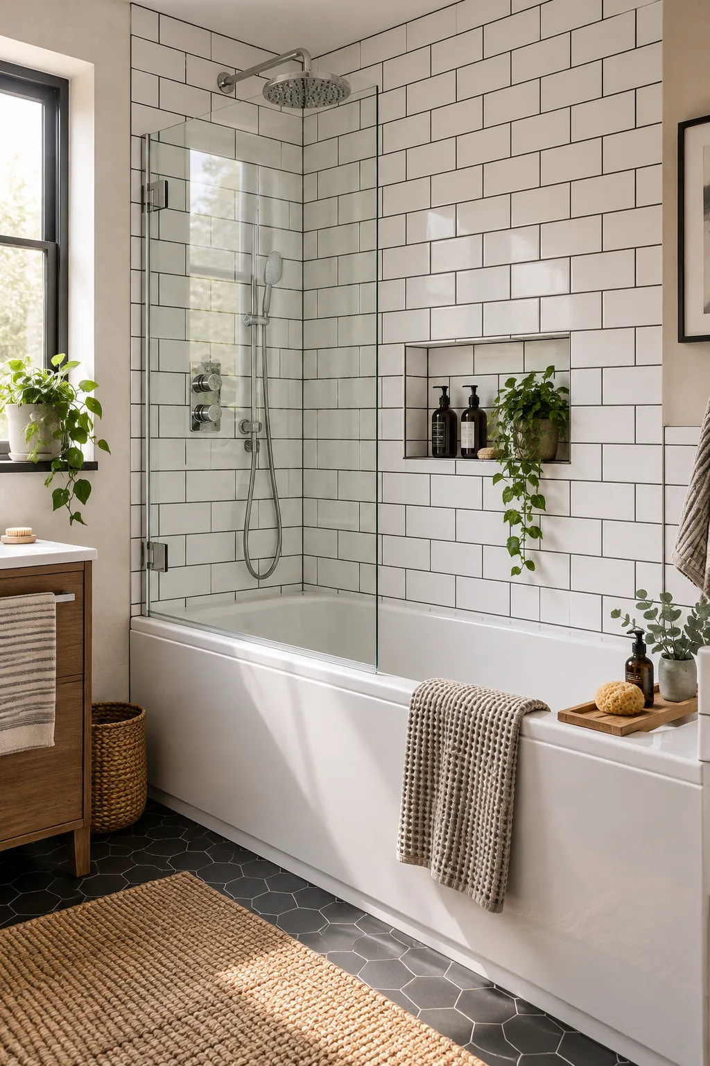 A classic bathroom with a bathtub, white subway tiles with dark grout, chrome fixtures, and a frameless glass screen.