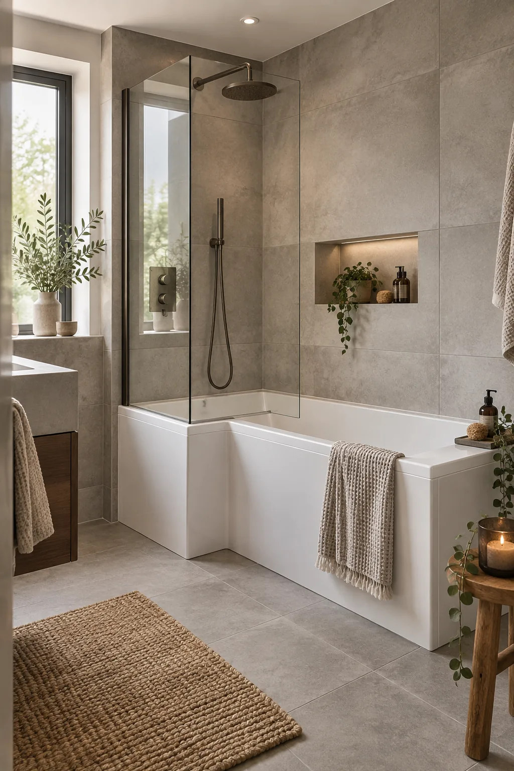 A minimalist bathroom with an L-shaped square bathtub, concrete-look tiles, and brushed gunmetal fixtures.
