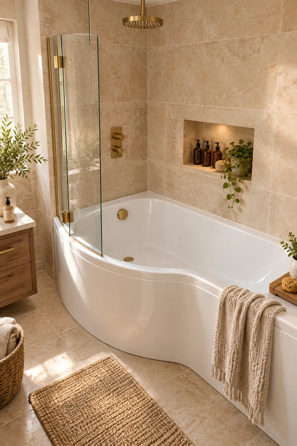 Elevated view of a white P-shaped bathtub showing the wider curved end designed for showering.