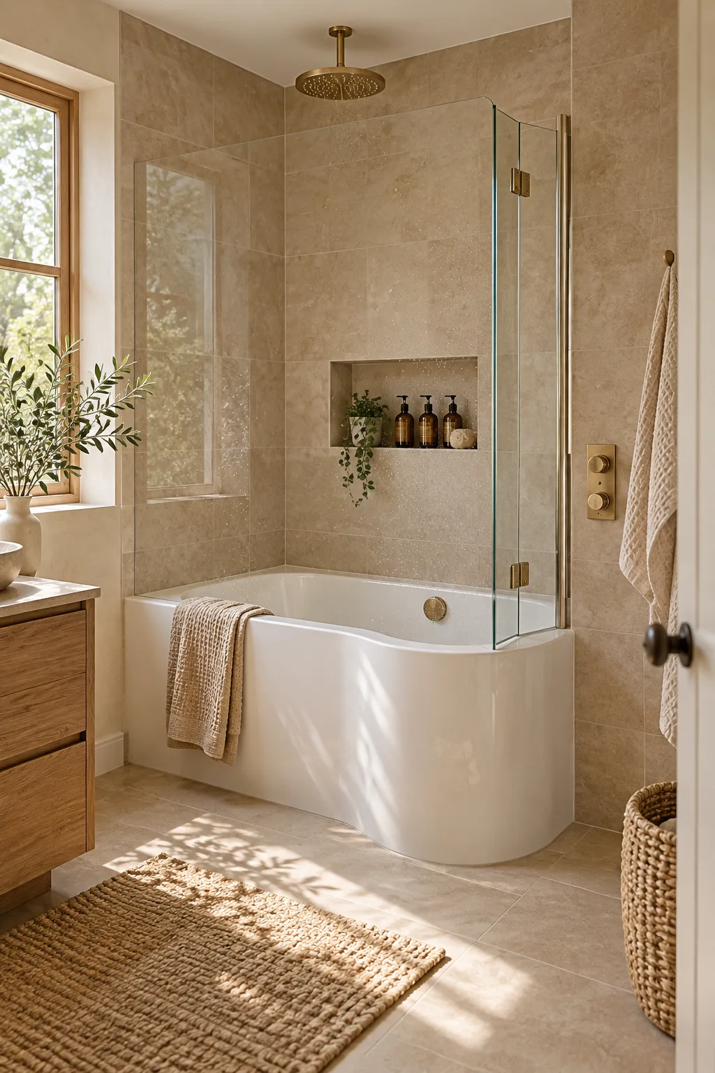 Close-up of a glass bath screen with a small hinged return panel attached with brass hinges.