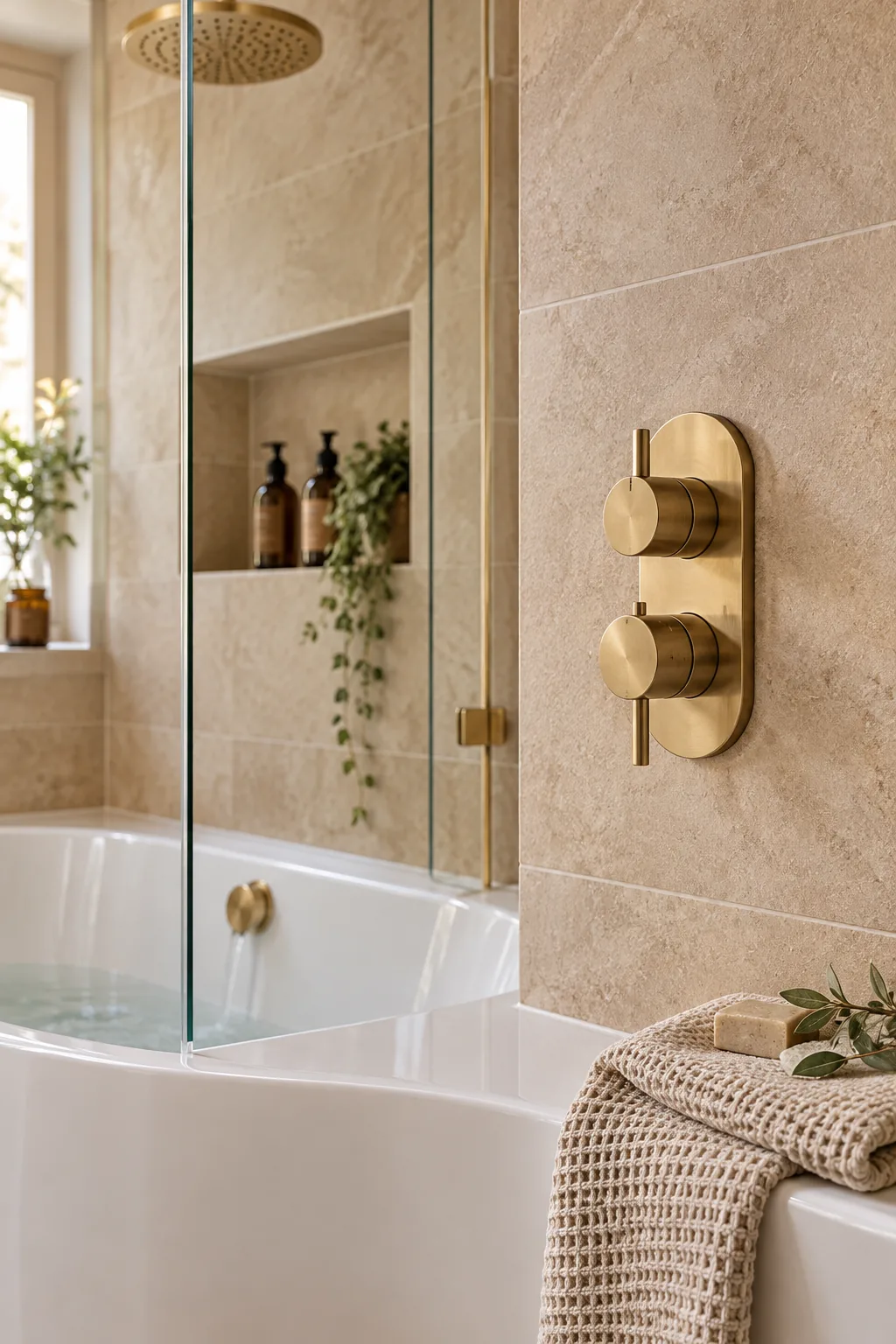 Brushed brass thermostatic shower controls mounted on a tiled wall near the entry edge of a bathtub.