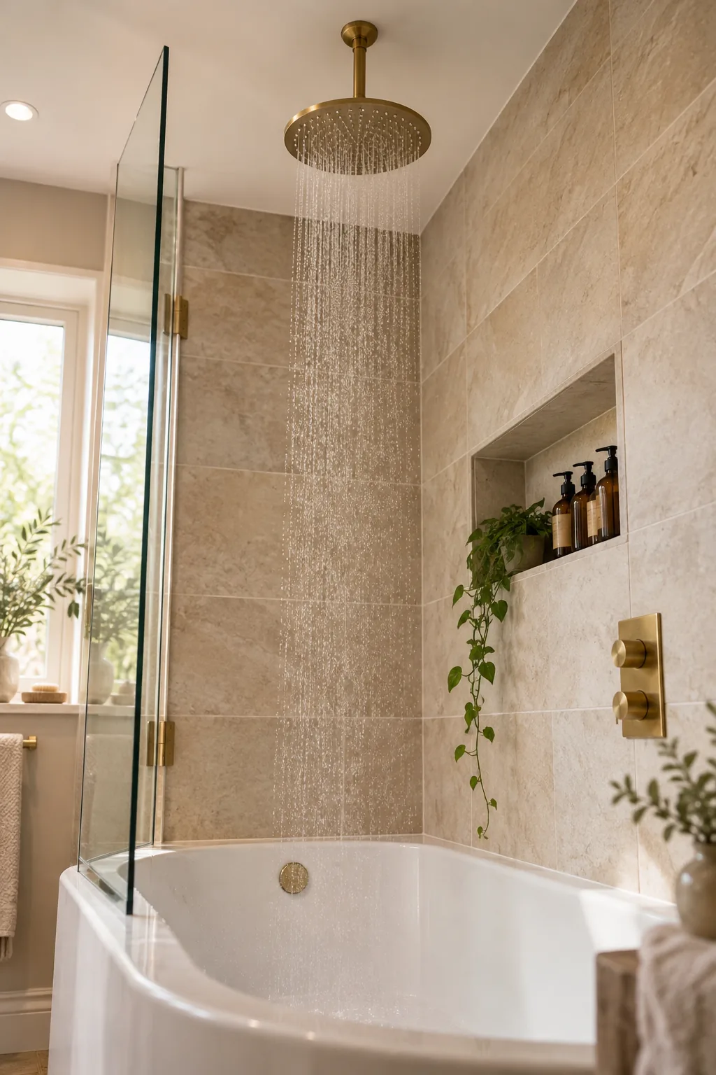 A brushed brass rain shower head mounted to the ceiling above a bathtub.